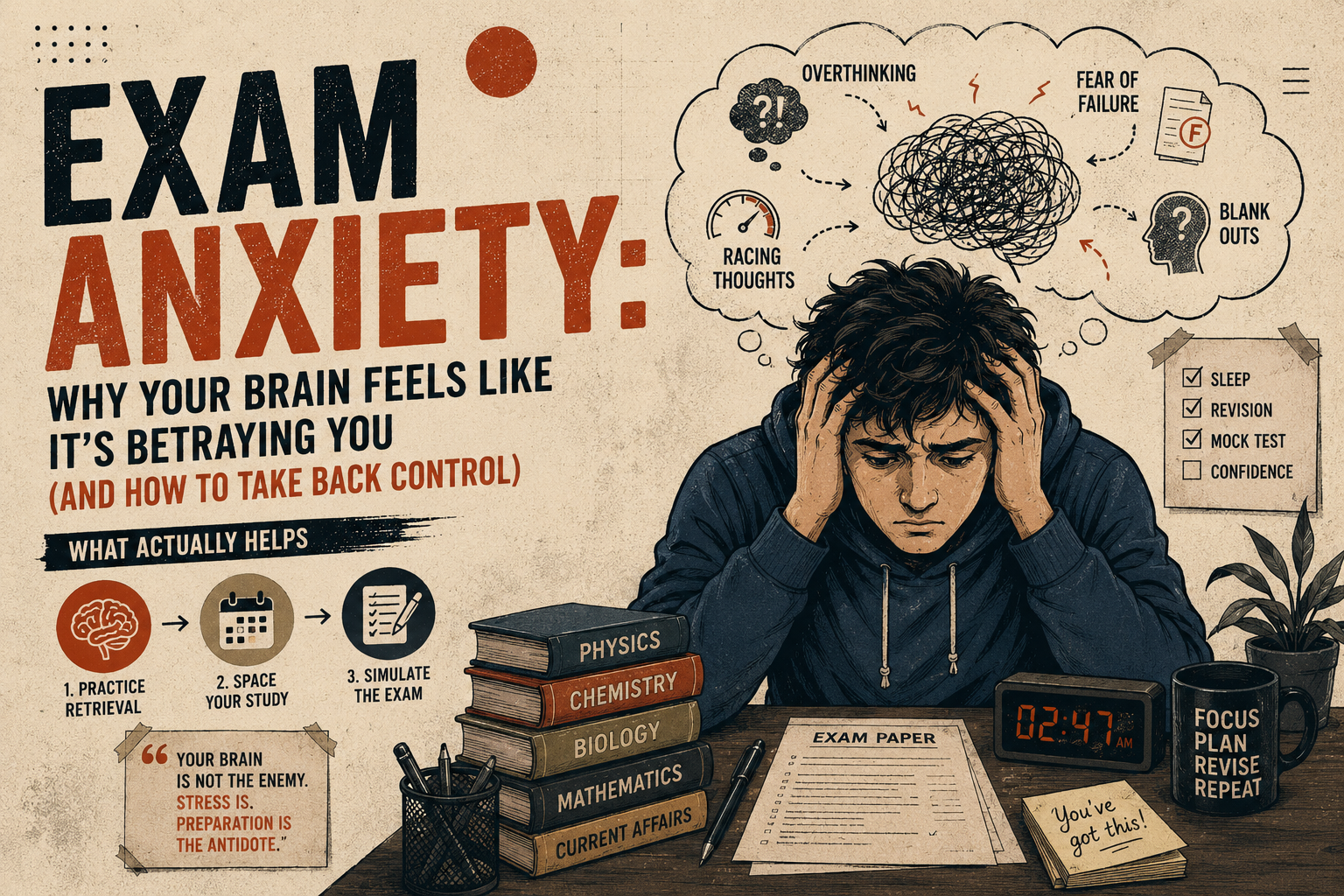 Student experiencing exam anxiety at a desk, illustrating how stress can block memory retrieval during high-stakes tests.