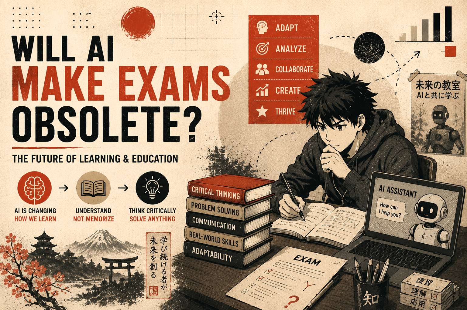 Student and AI in an exam context, exploring whether artificial intelligence will make traditional exams obsolete.