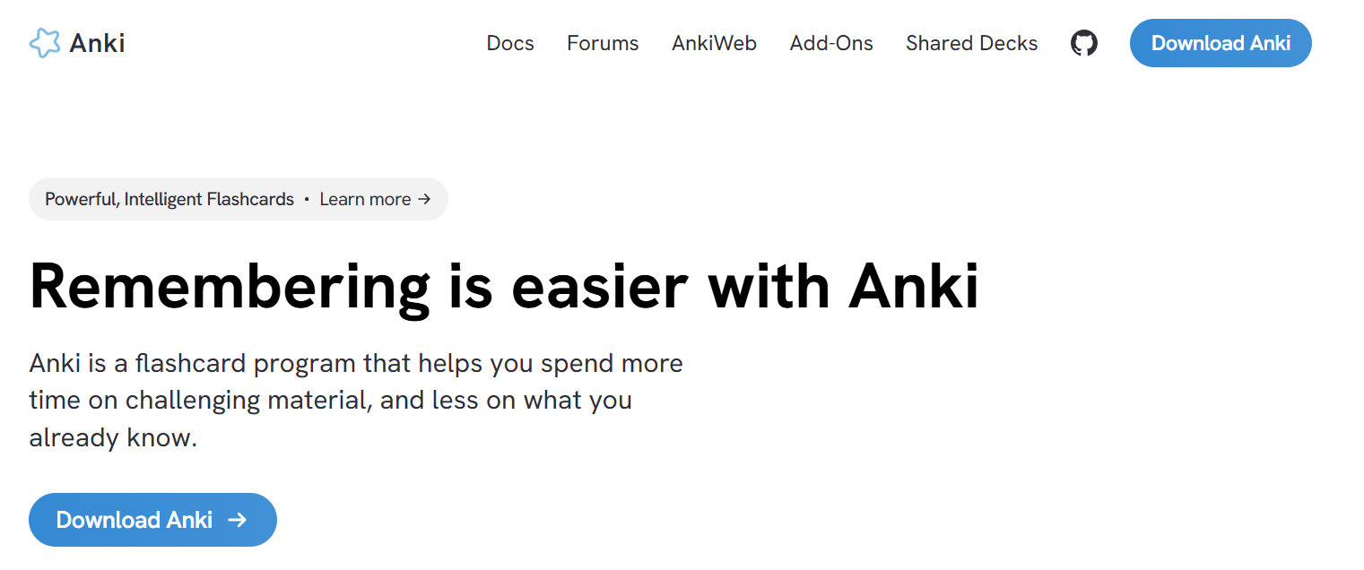 Screenshot of the Anki website hero: Remembering is easier with Anki, and a short description of the flashcard program.