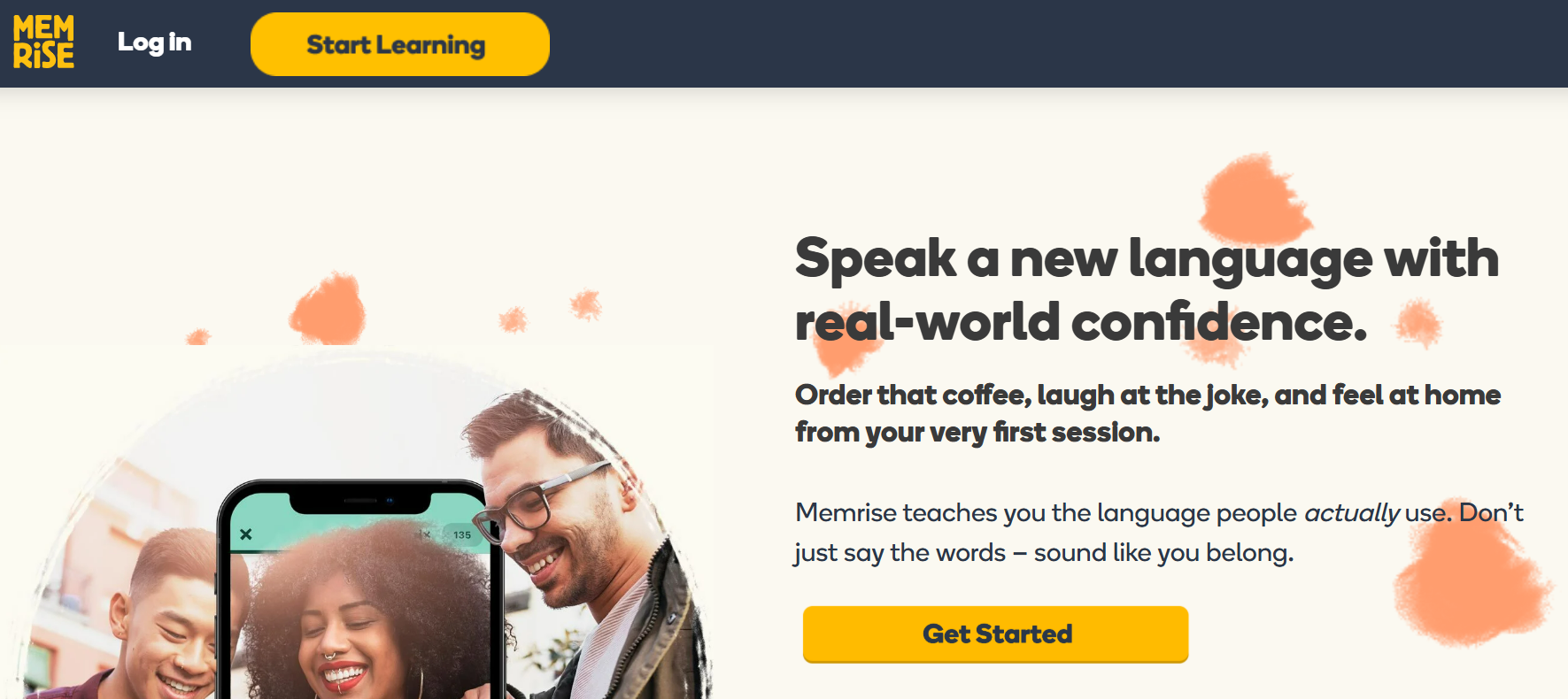 Memrise landing page: Speak a new language with real-world confidence, with phone and hero imagery.