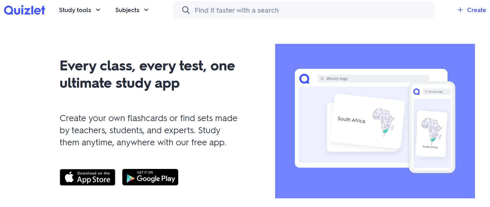 Promotional image for Quizlet: Every class, every test, one ultimate study app, with app previews on tablet and phone.