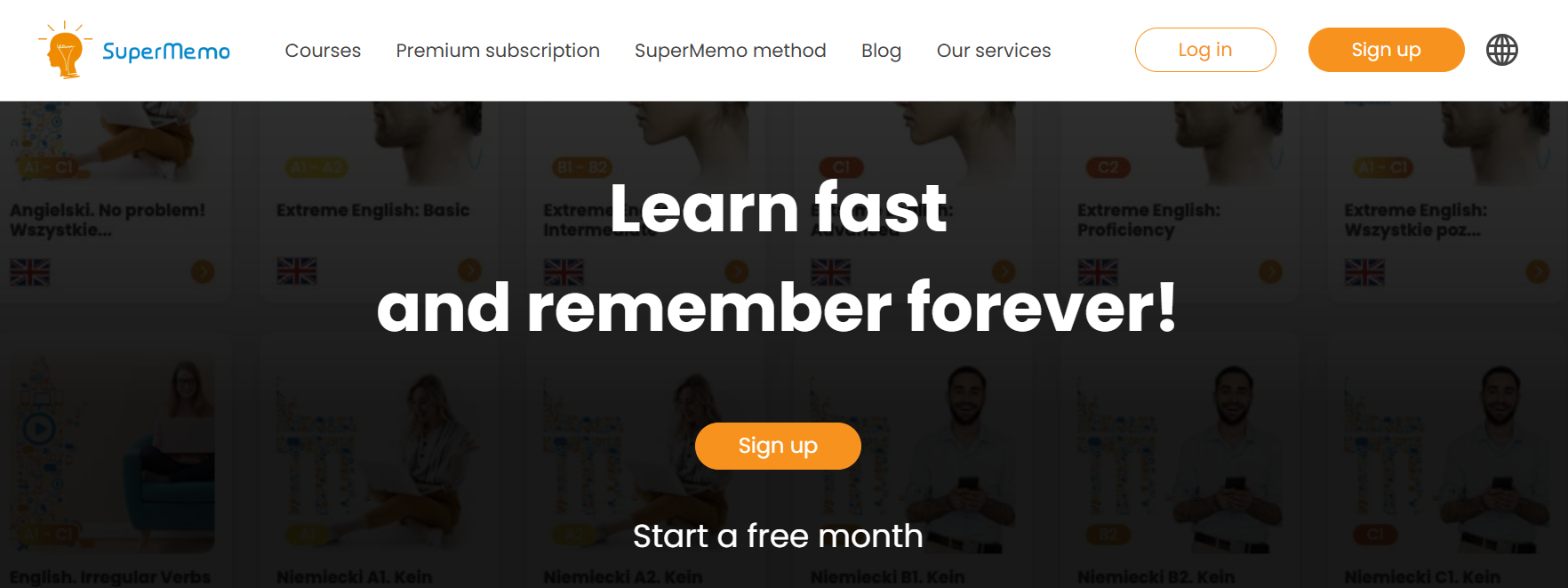 SuperMemo homepage: Learn fast and remember forever, with course cards in the background.