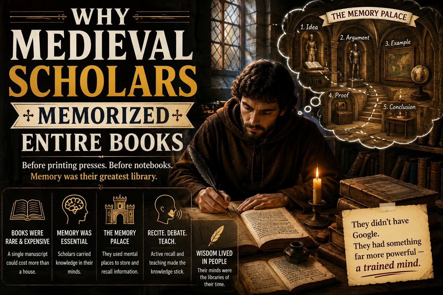 Medieval scholar studying by candlelight, representing ancient memory techniques used before books were widely available.