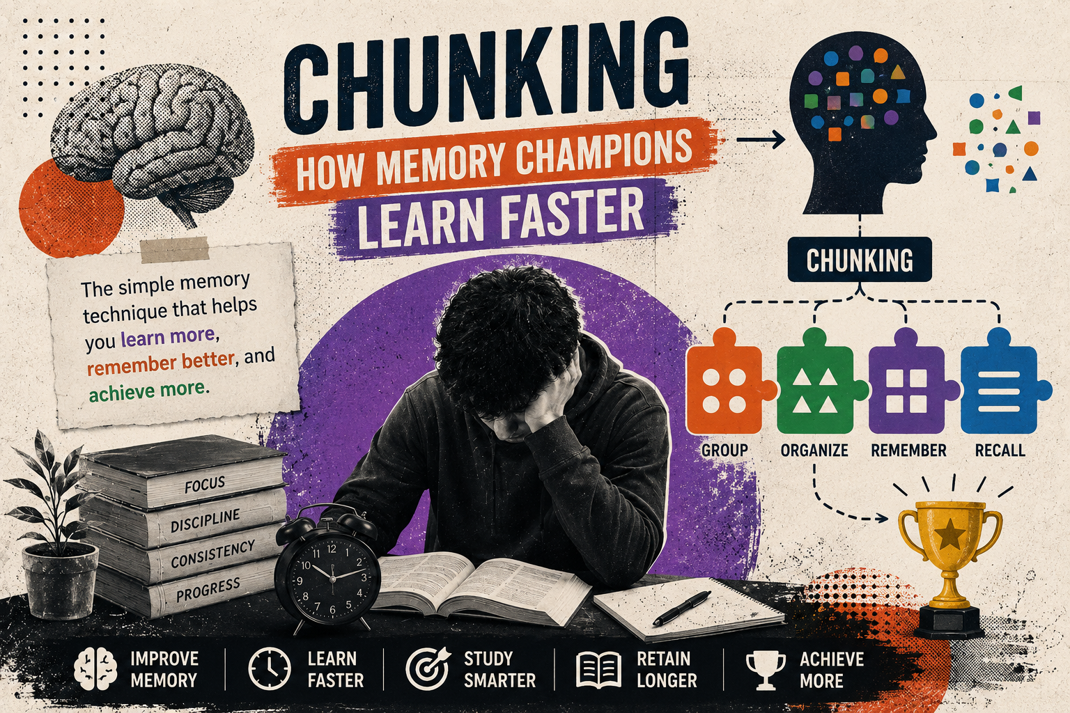 Student using chunking to group information into meaningful memory units, illustrating how memory champions learn faster.