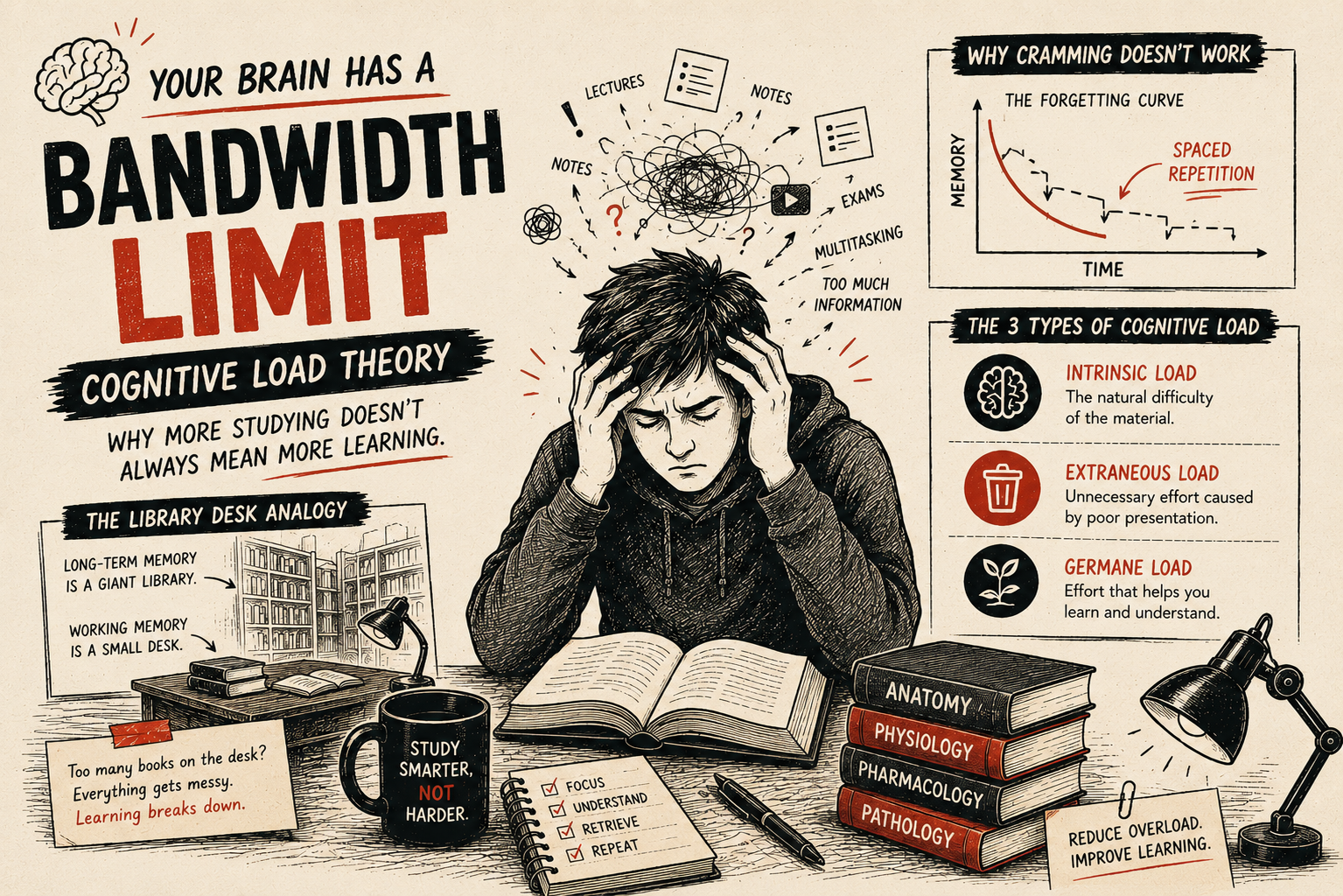 Student overwhelmed by mental overload, illustrating Cognitive Load Theory and the limits of working memory during study.