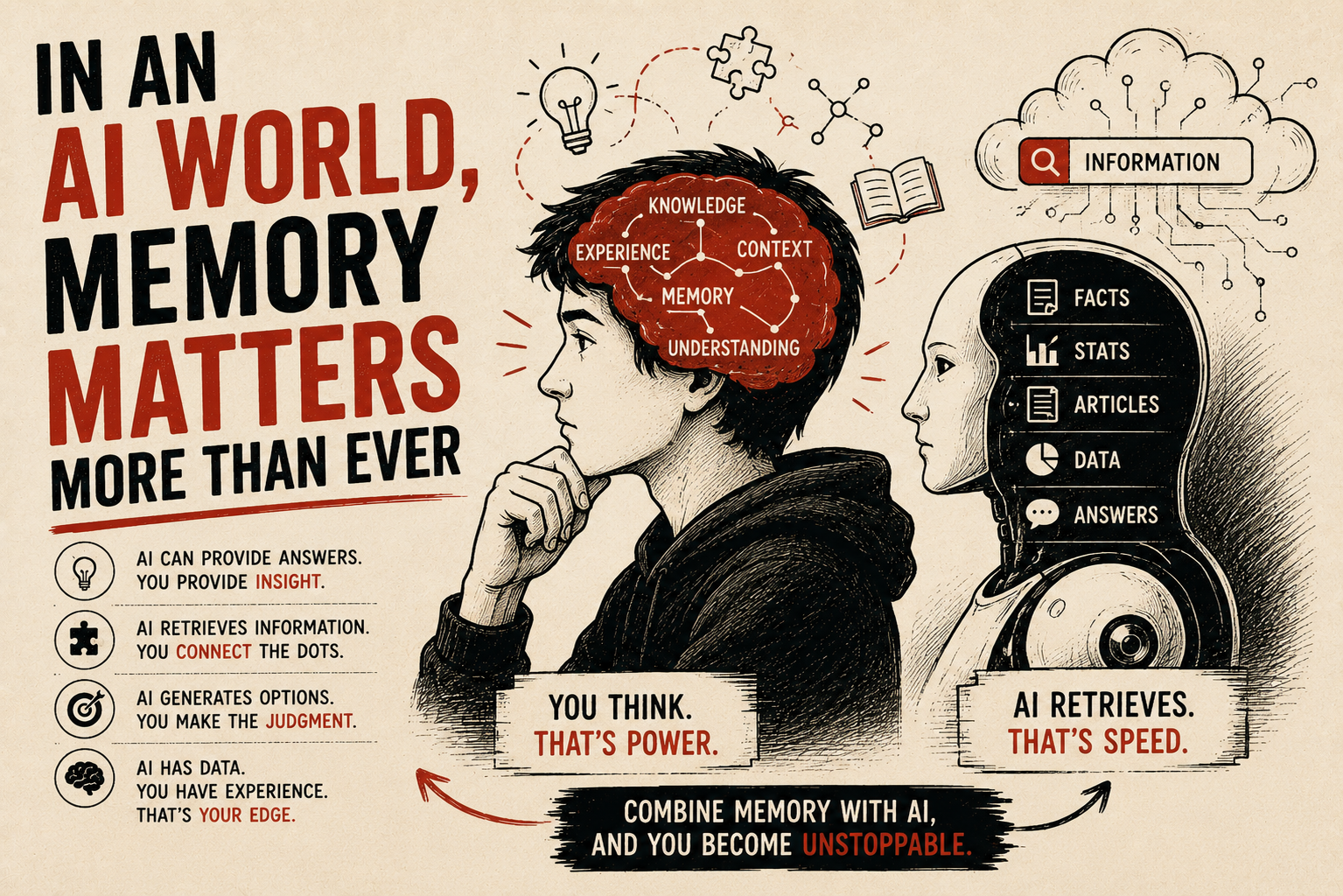 Student balancing AI tools with human memory and understanding, illustrating why memory remains essential in an AI-powered world.