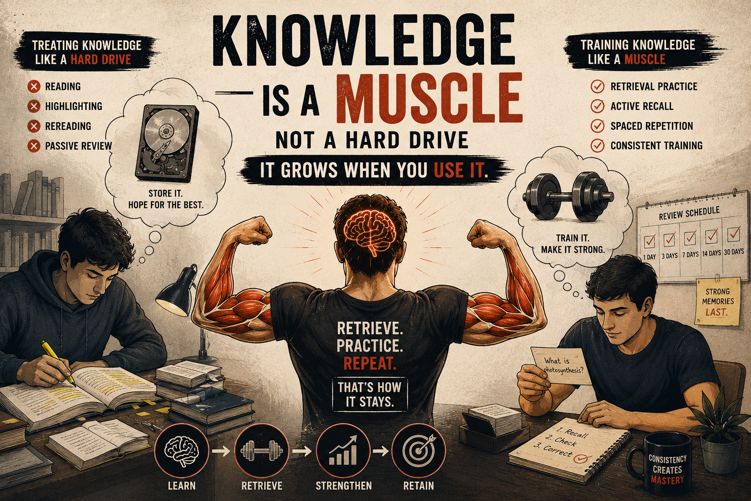 Student training memory like a muscle through retrieval practice instead of passively storing information like a hard drive.