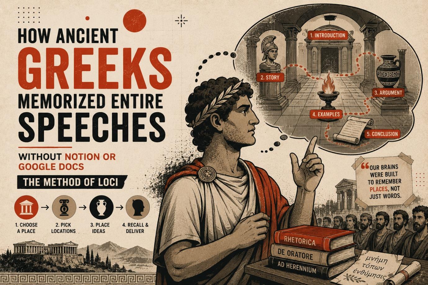 Ancient Greek-style memory palace concept showing locations used to remember speech points.
