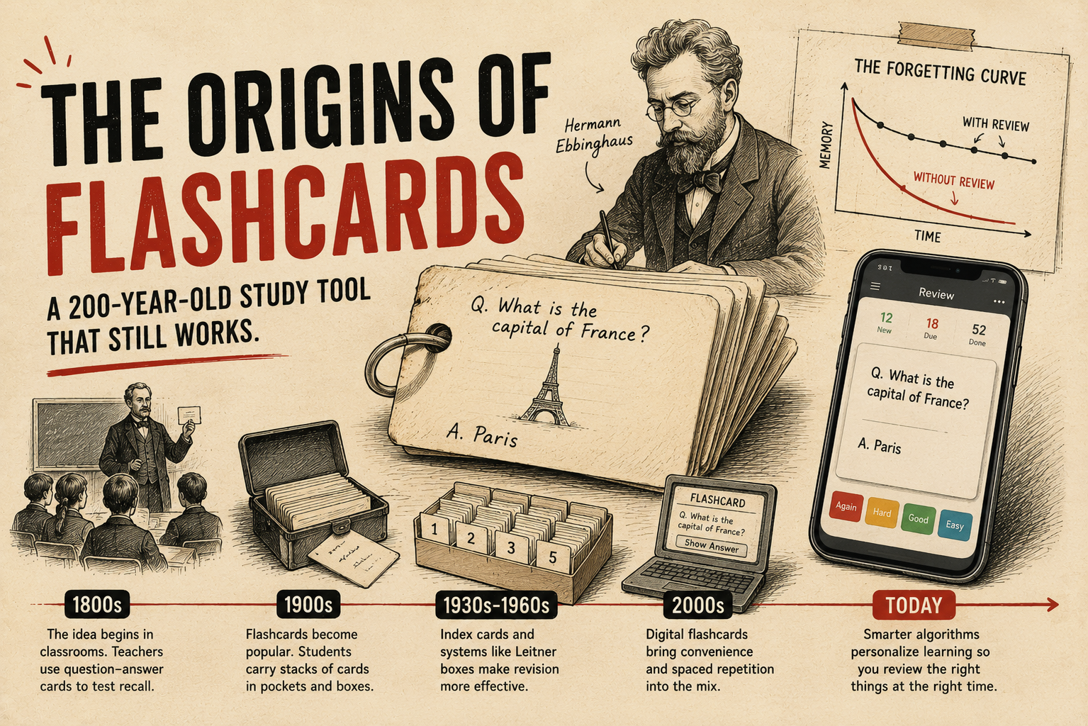 Historical and modern flashcards illustrating the 200-year evolution of one of the most effective study tools for memory retention.