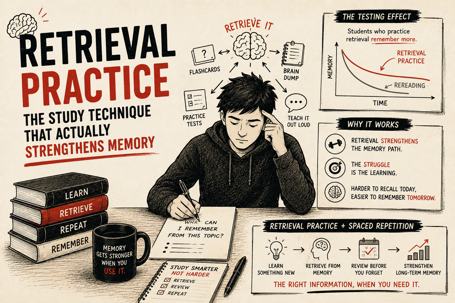 Student practicing retrieval by recalling information from memory instead of rereading notes, strengthening long-term retention.