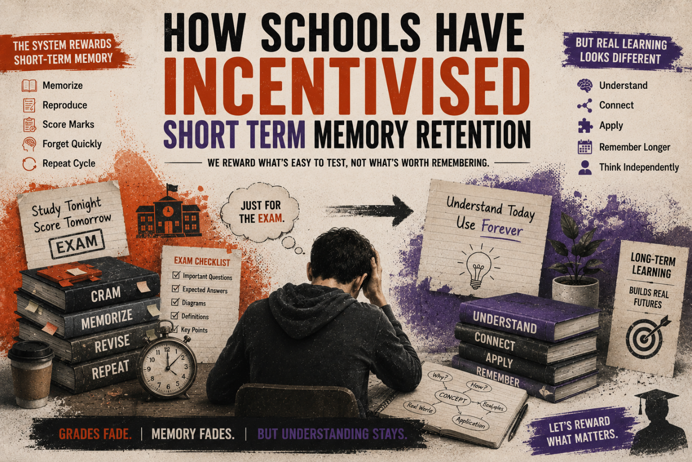 Students preparing for exams with last-minute cramming, illustrating short-term memory retention in education.