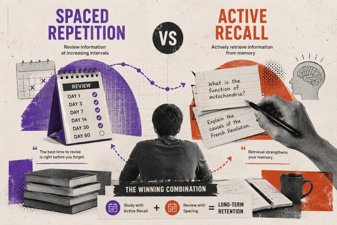 Split visual comparing active recall flashcards with spaced repetition review intervals on a student desk, illustrating two complementary memory techniques.