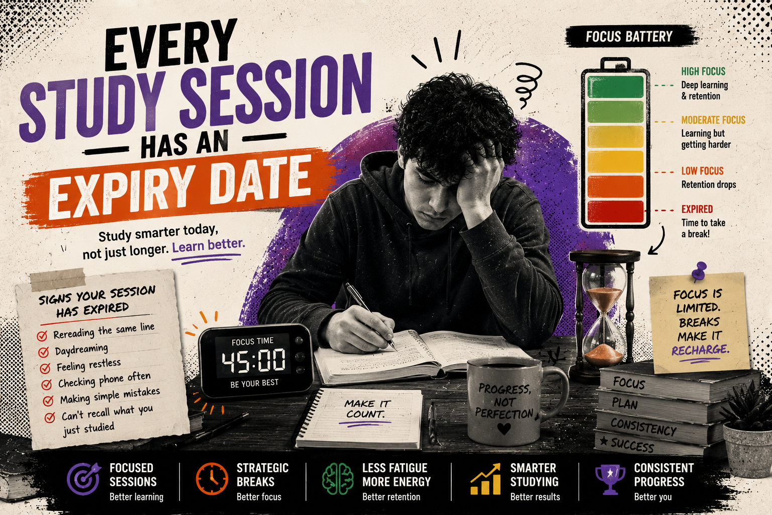 Student noticing cognitive fatigue during a study session, illustrating why every study session has a natural expiry date for focused attention.