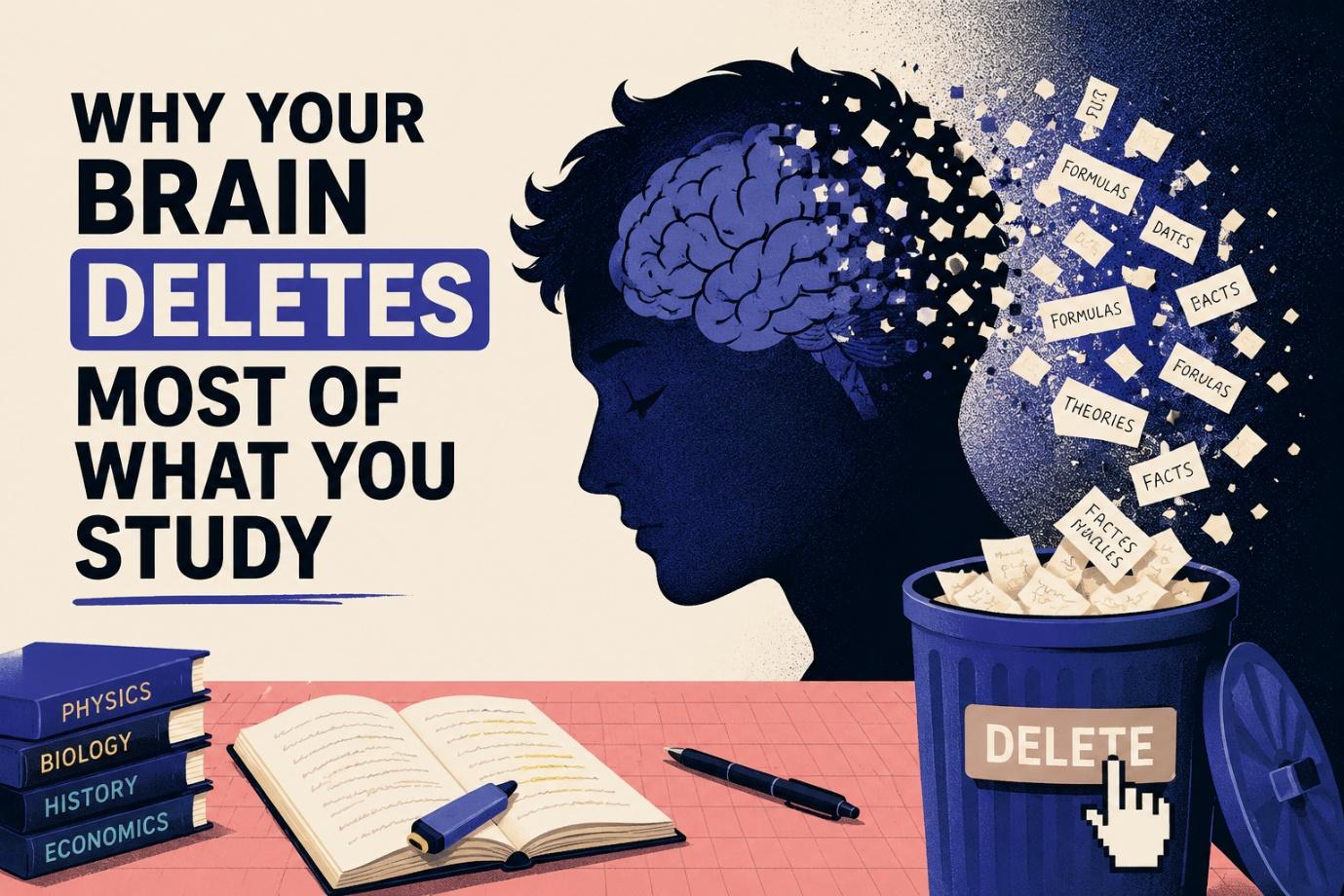 Student studying notes with fading memory concept, illustrating how the brain forgets most newly learned information without revision.