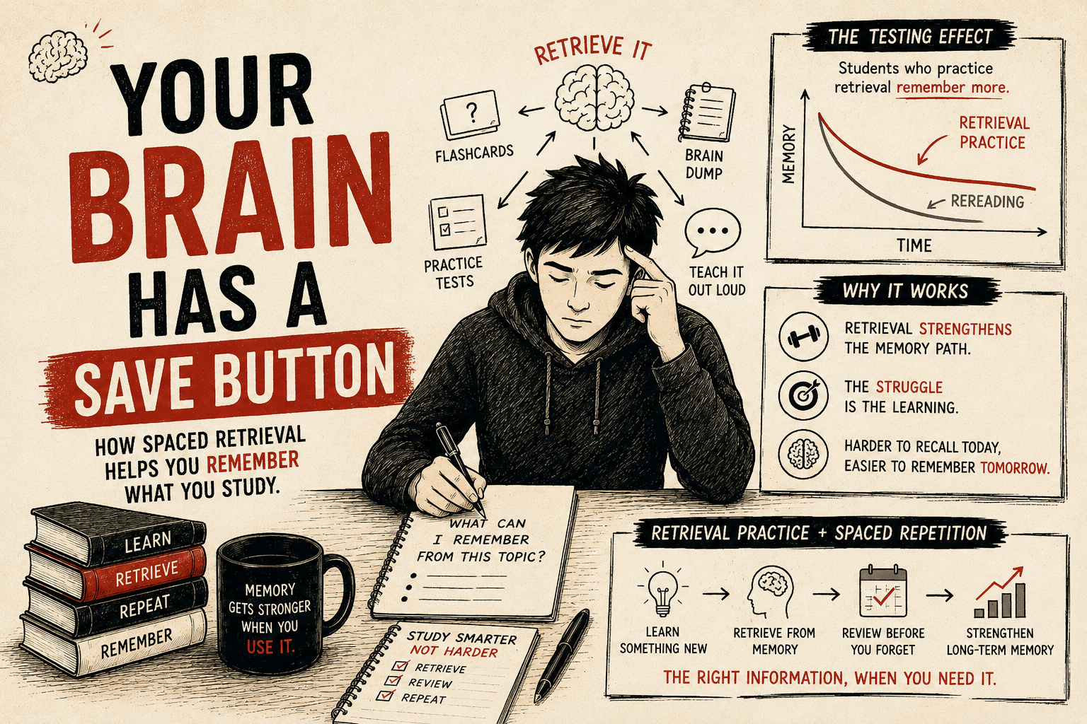 Student studying with a save button metaphor, illustrating how spaced repetition helps the brain retain information long-term.