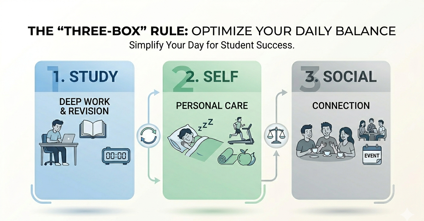 Infographic of the Three-Box student time management method: Study, Self, and Social blocks that balance academics, wellbeing, and relationships.