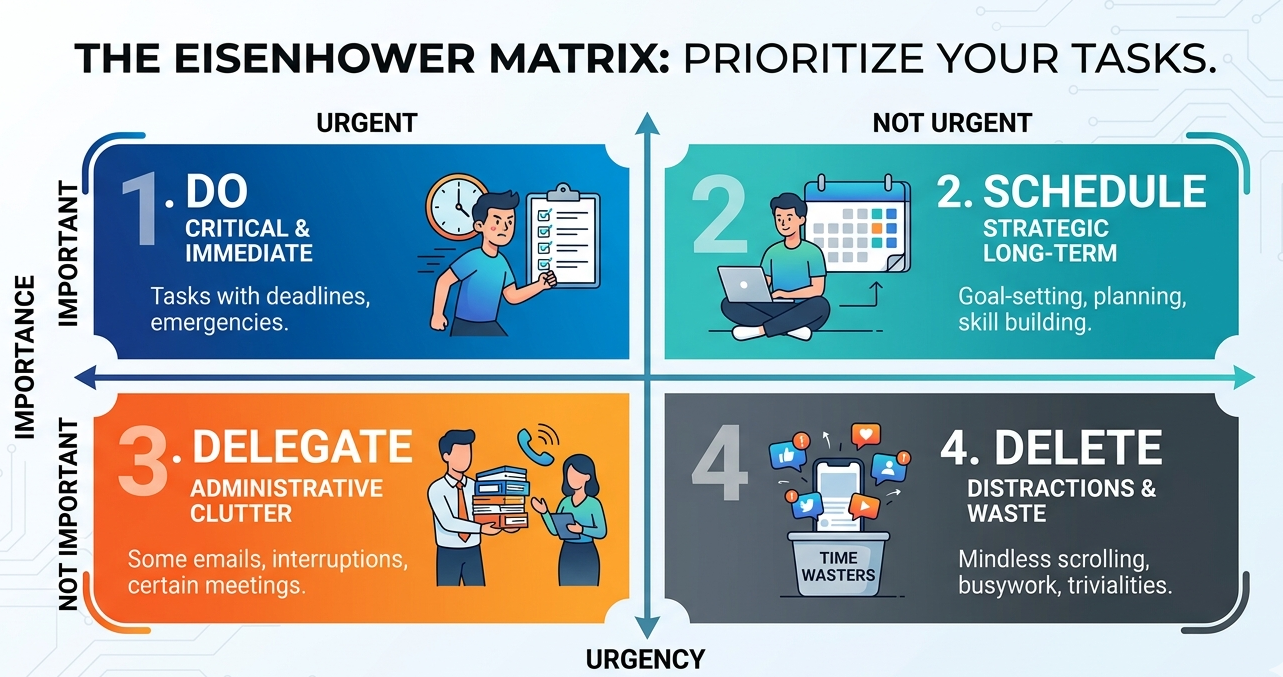 Eisenhower Matrix diagram for students: four quadrants for urgent/important, schedule, delegate, and delete tasks.