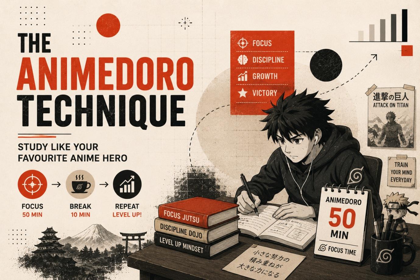 Student studying at a desk with anime on screen during a scheduled break, illustrating the Animedoro study technique.