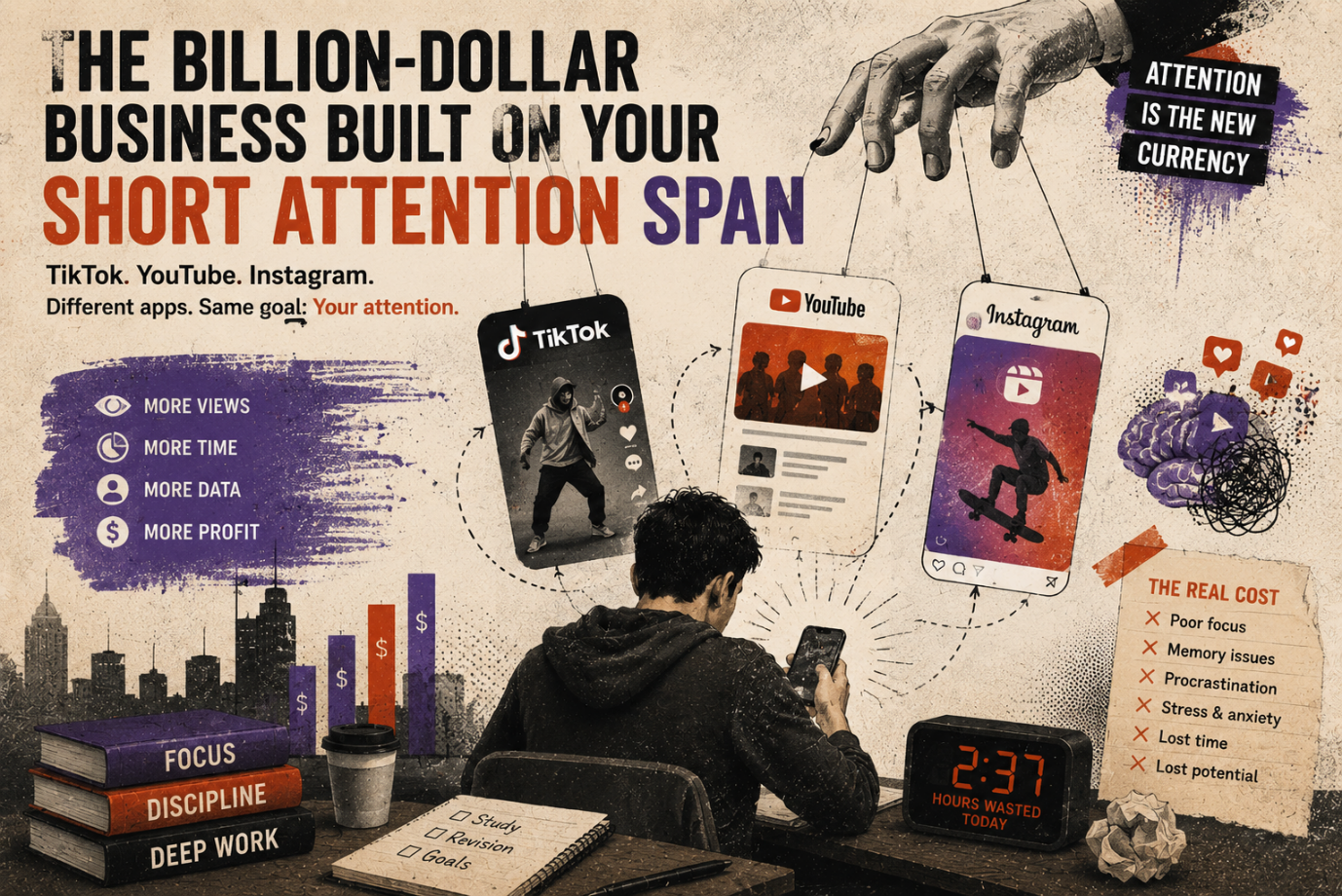 Student distracted by social media notifications on a phone while trying to study, illustrating the attention economy.