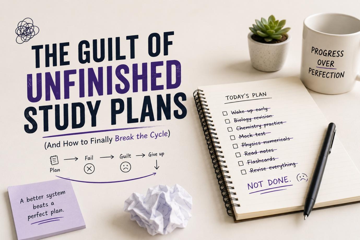 Student feeling overwhelmed by an unrealistic study timetable and unfinished tasks on a desk.