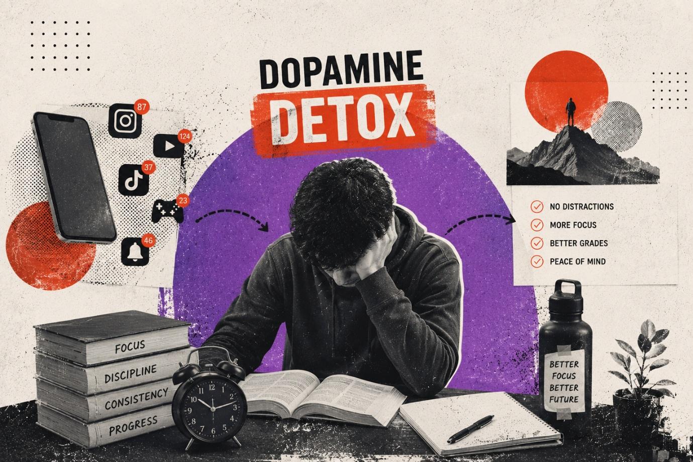 Smartphone face-down on a wooden desk next to an open notebook, illustrating a student attempting a dopamine detox to focus on studying.
