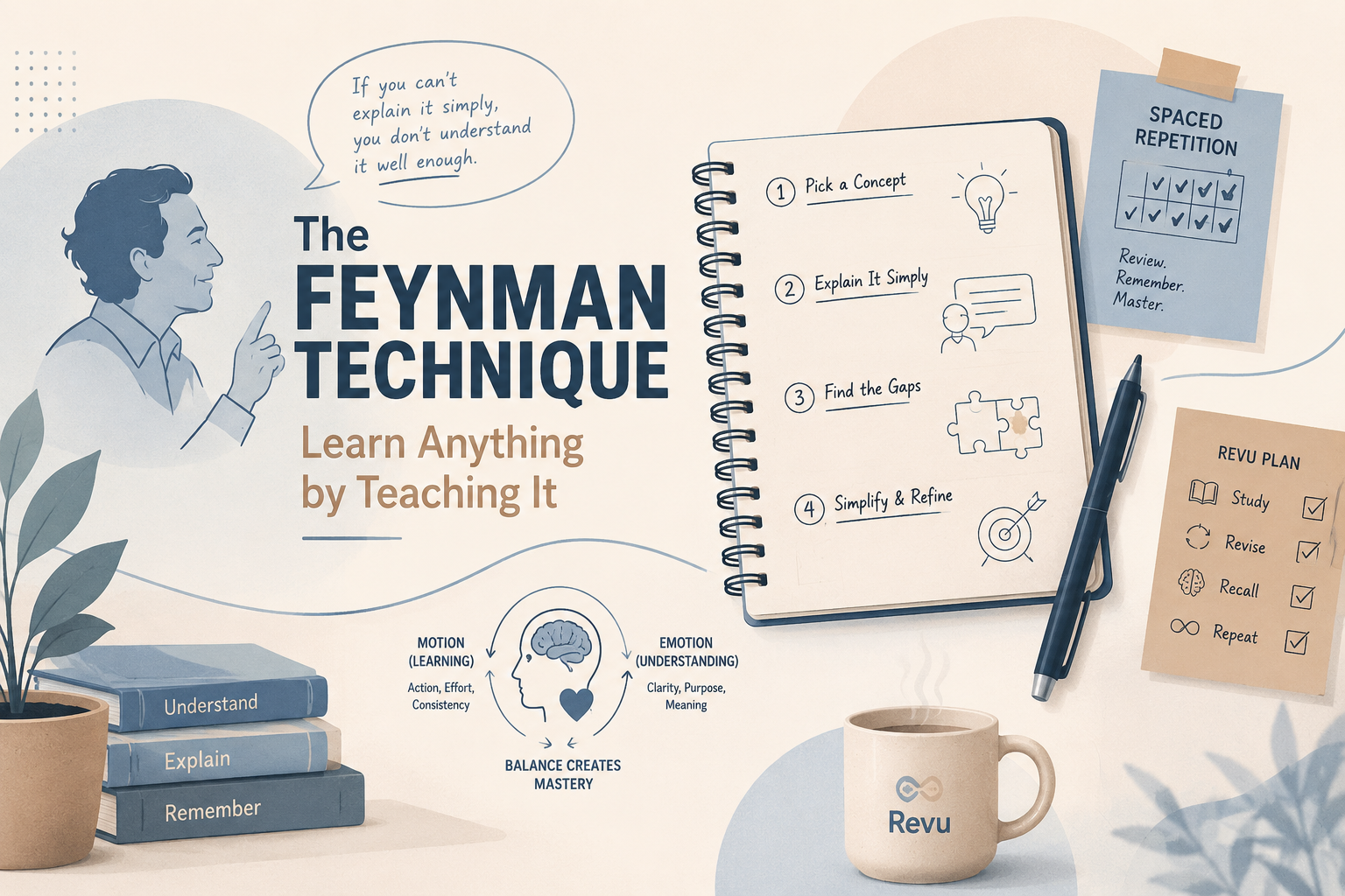 Student using the Feynman Technique to explain a concept in simple language, revealing knowledge gaps and deepening understanding.