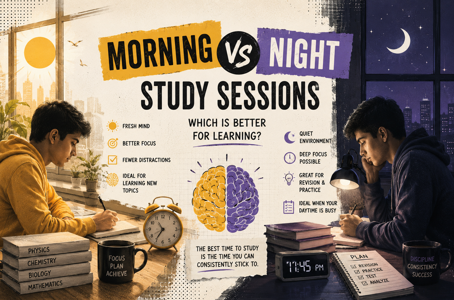 Split illustration of morning sunrise study and night owl studying, representing the debate over best study times.