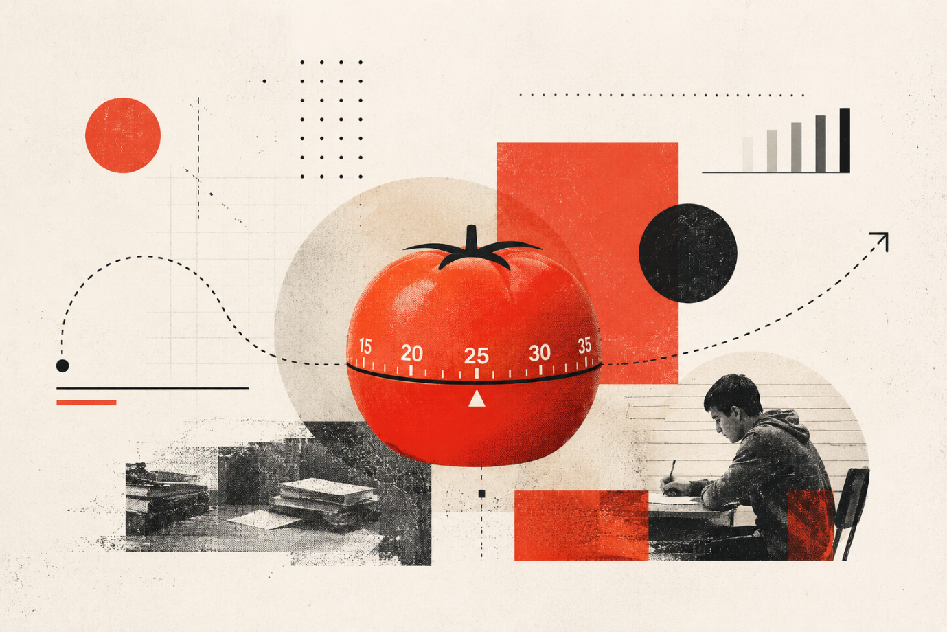 Tomato-shaped kitchen timer beside a student's notebook and pen, illustrating the Pomodoro Technique for focused 25-minute study sprints.