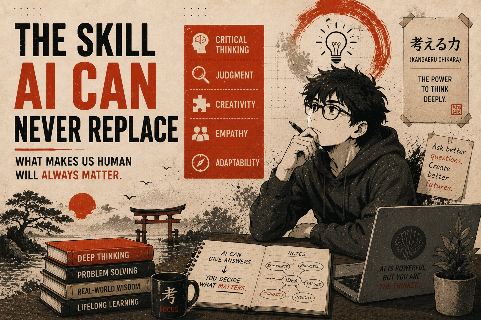 Student exercising critical thinking and judgment alongside AI tools, illustrating the human skill that artificial intelligence cannot replace.