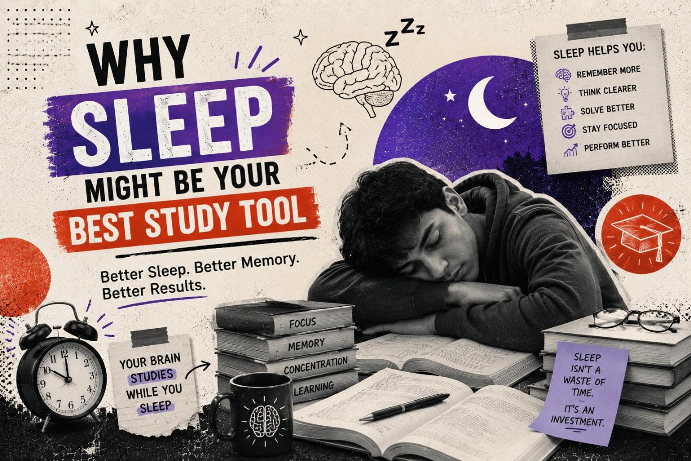 Student sleeping peacefully after a study session, illustrating how rest supports memory consolidation and exam recall.