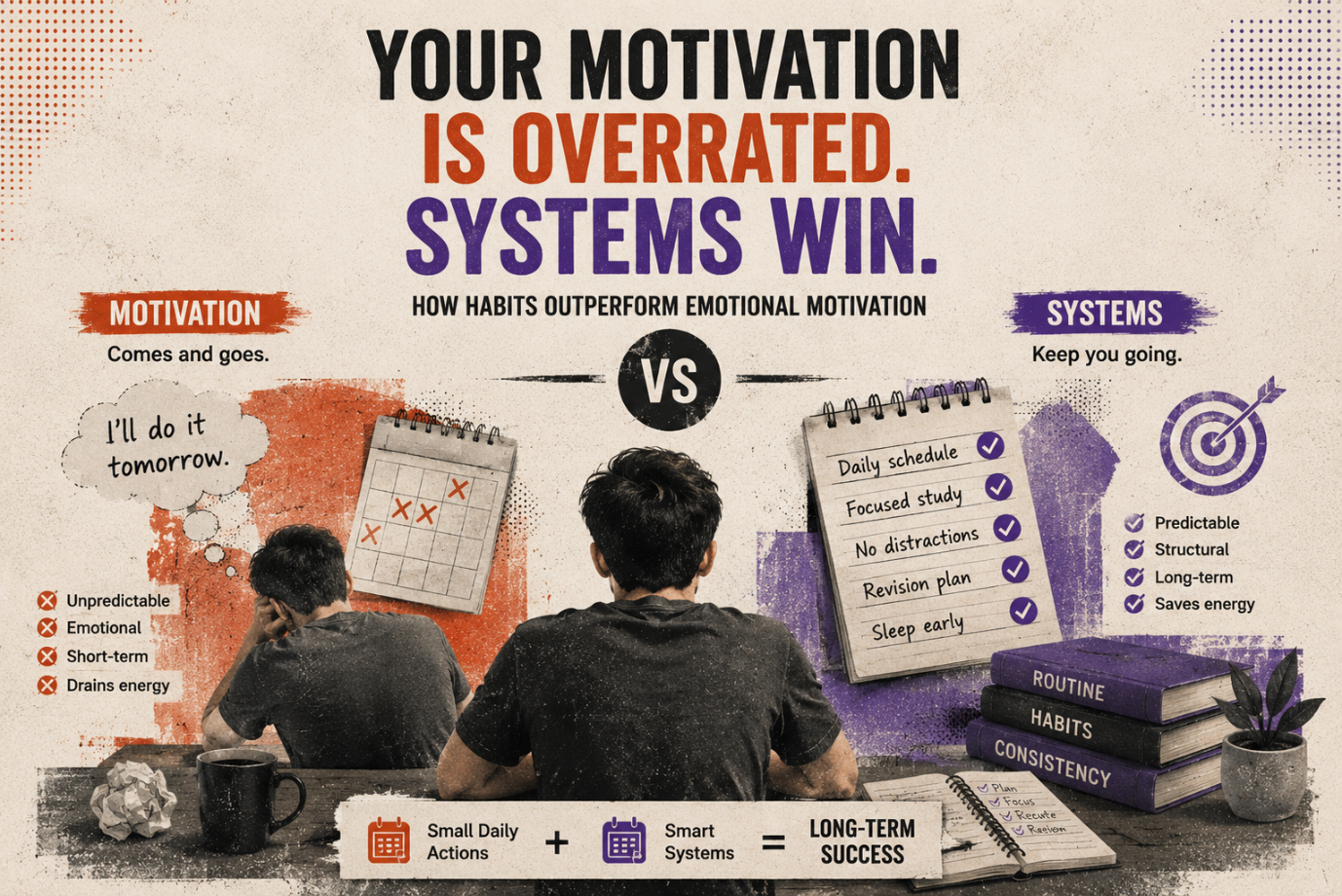 Student building a consistent study system instead of relying on fleeting motivation to stay productive.