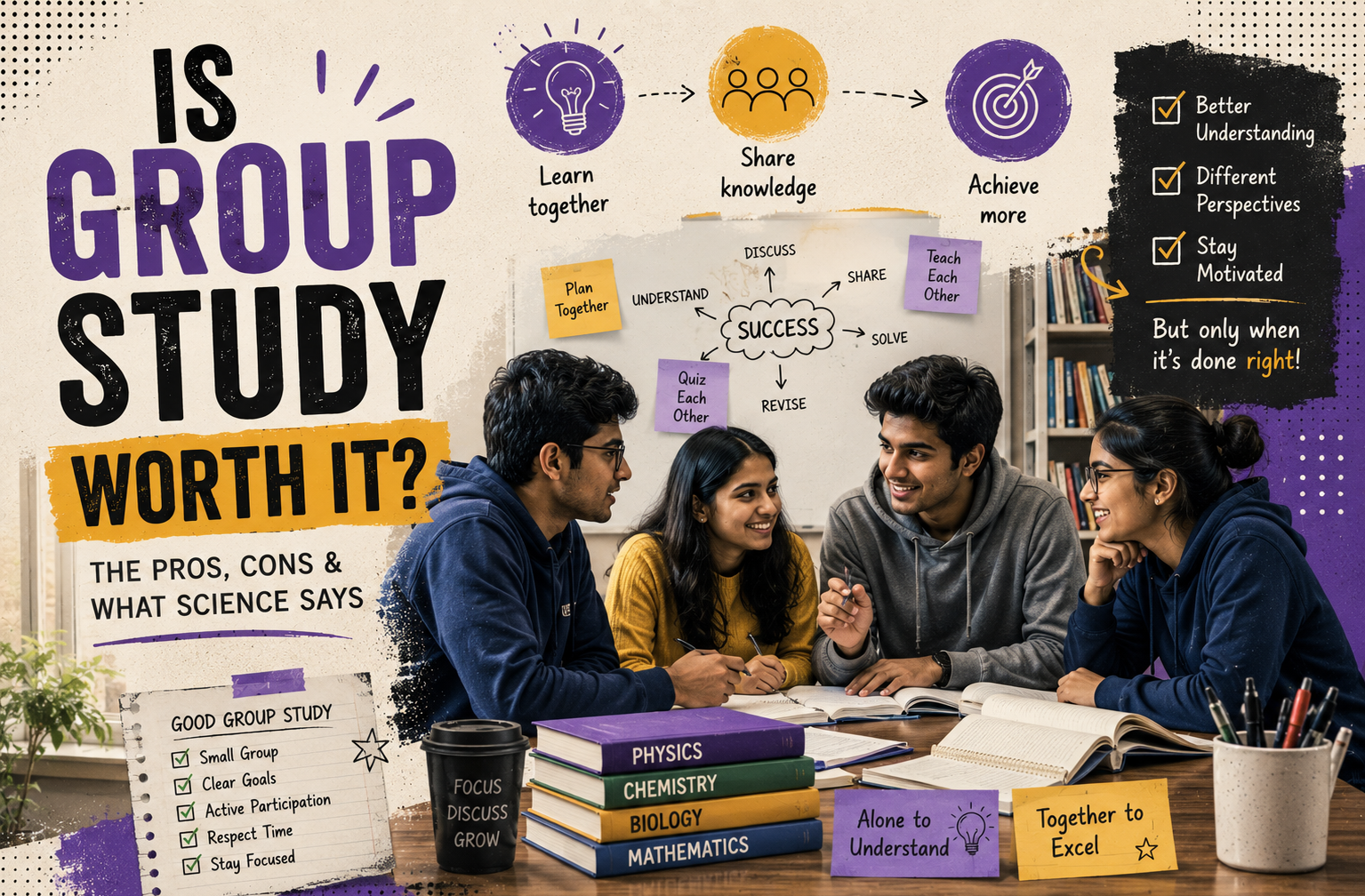 Students studying together in a group, representing the pros and cons of collaborative study sessions.